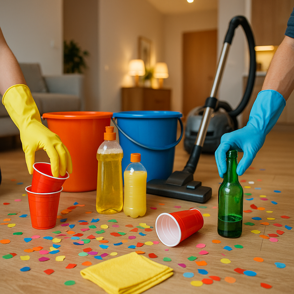 Duas pessoas recolhendo copos e garrafas do chão durante a limpeza de uma casa após uma festa.
