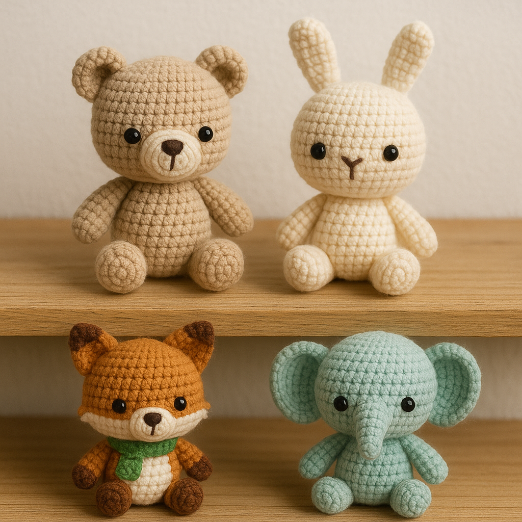 Amigurumis de um urso, um coelho uma raposa de cachecol verde e um elefante azul.