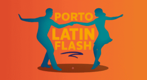 Ilustração de duas pessoas dançando com frase Porto LatinFlash ao fundo.