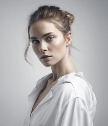 A high-key fashion portrait of a young woman with long brunette hair against a minimalist white background with dramatic lighting, aesthetic, highly detailed, in 8k resolution.