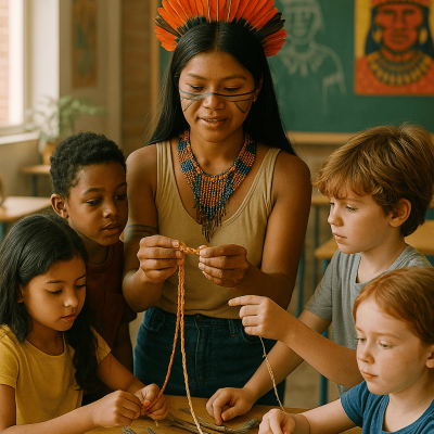 Professora indígena ensina alunos a fazer peças artesanais.