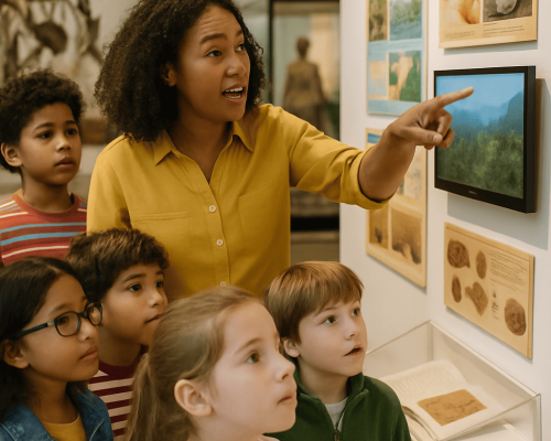 Uma exposição sobre artefatos antigos descobertos em escavações.