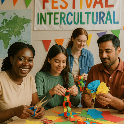 Pessoas ao redor de uma mesa realizam trabalho artesanal em um Festival Intercultural.