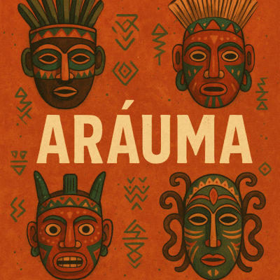Ilustrações de máscaras com palavra Aráuma ao centro.